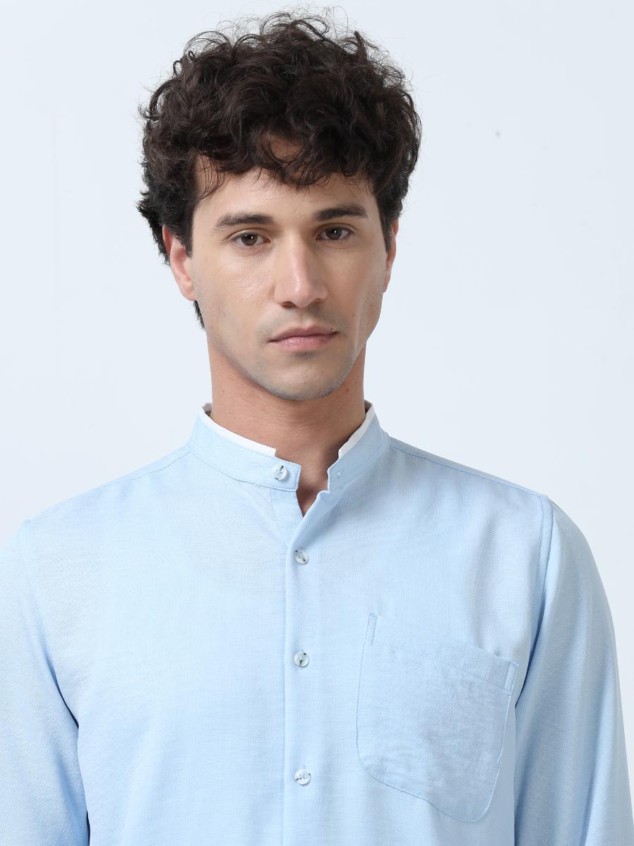Sky Blue Plain Mandarin Collar Shirt