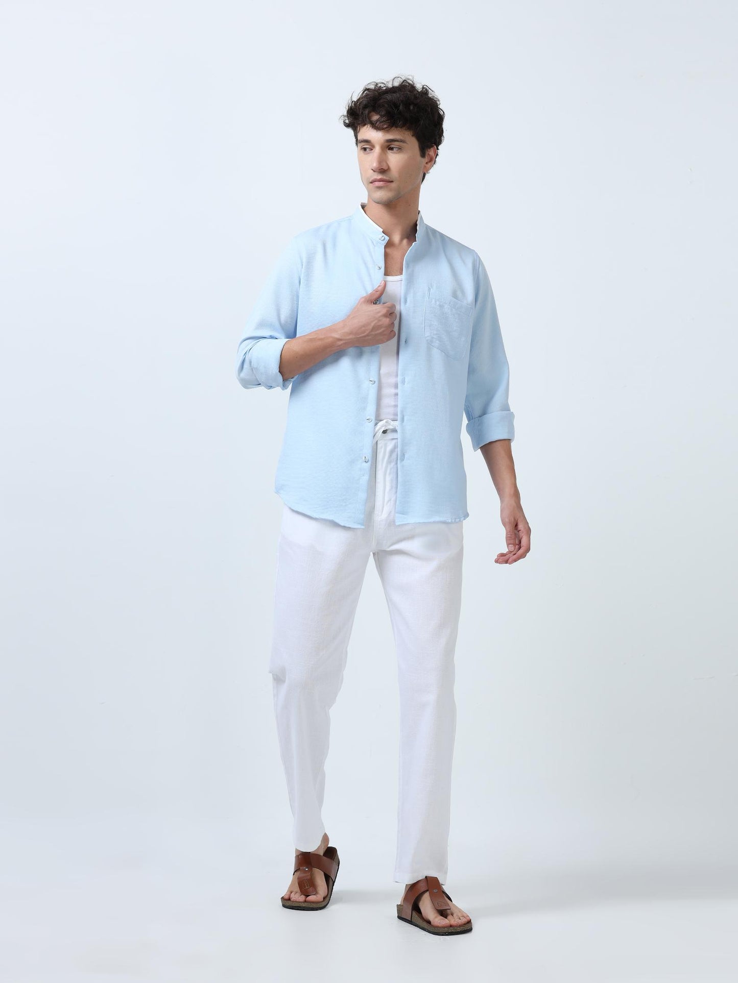 Sky Blue Plain Mandarin Collar Shirt
