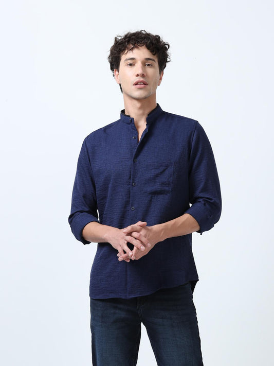 Deep Blue Plain Mandarin Collar Shirt