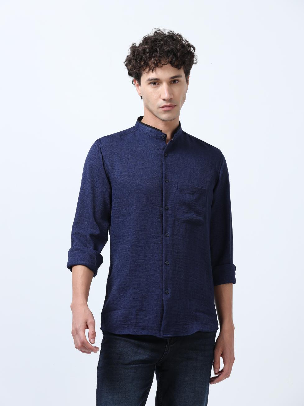 Deep Blue Plain Mandarin Collar Shirt