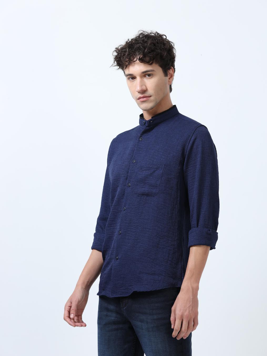 Deep Blue Plain Mandarin Collar Shirt