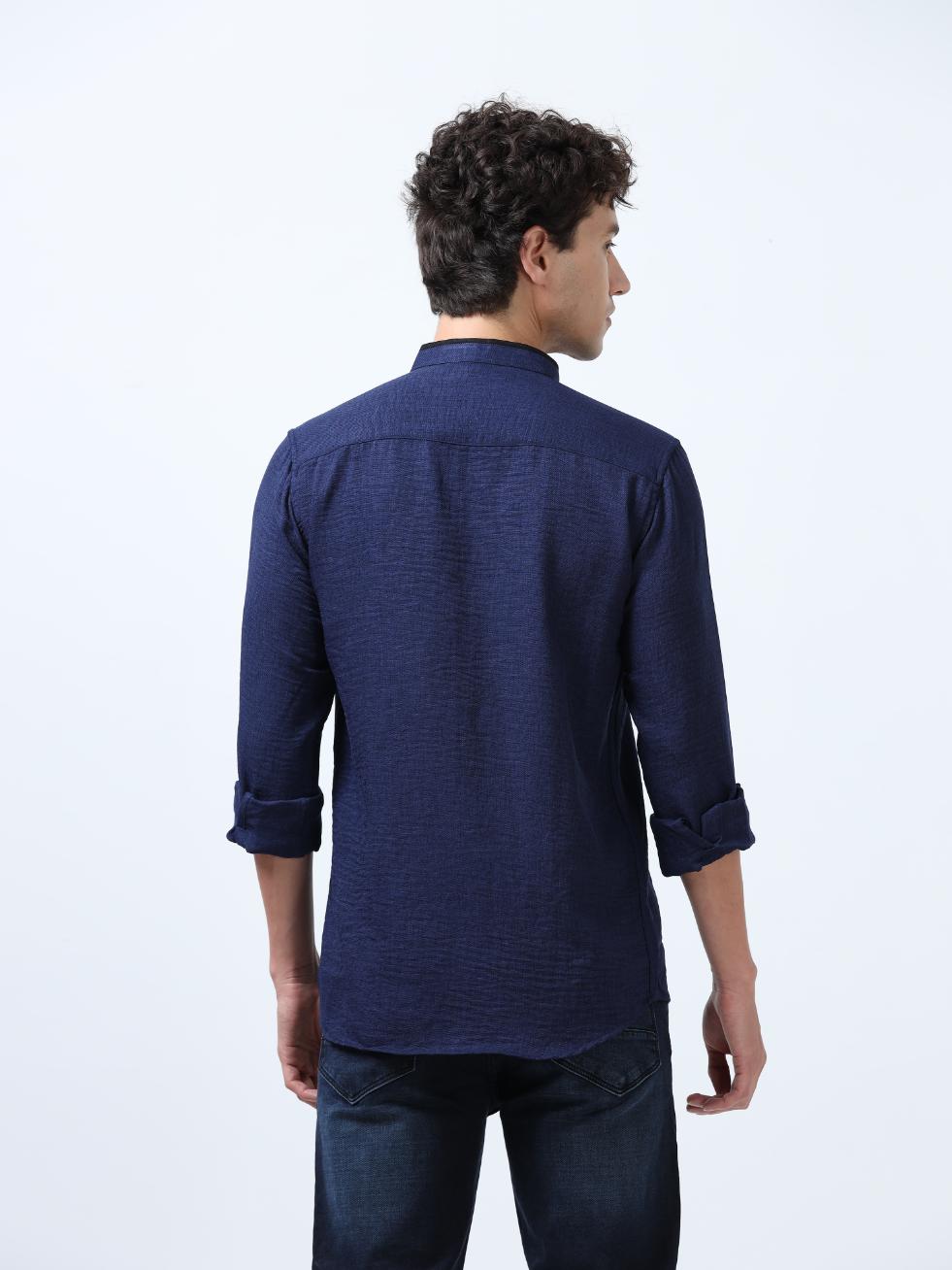 Deep Blue Plain Mandarin Collar Shirt