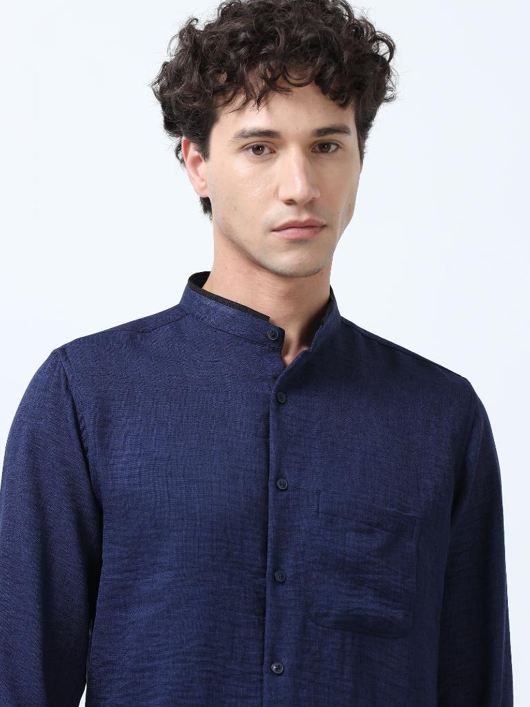 Deep Blue Plain Mandarin Collar Shirt