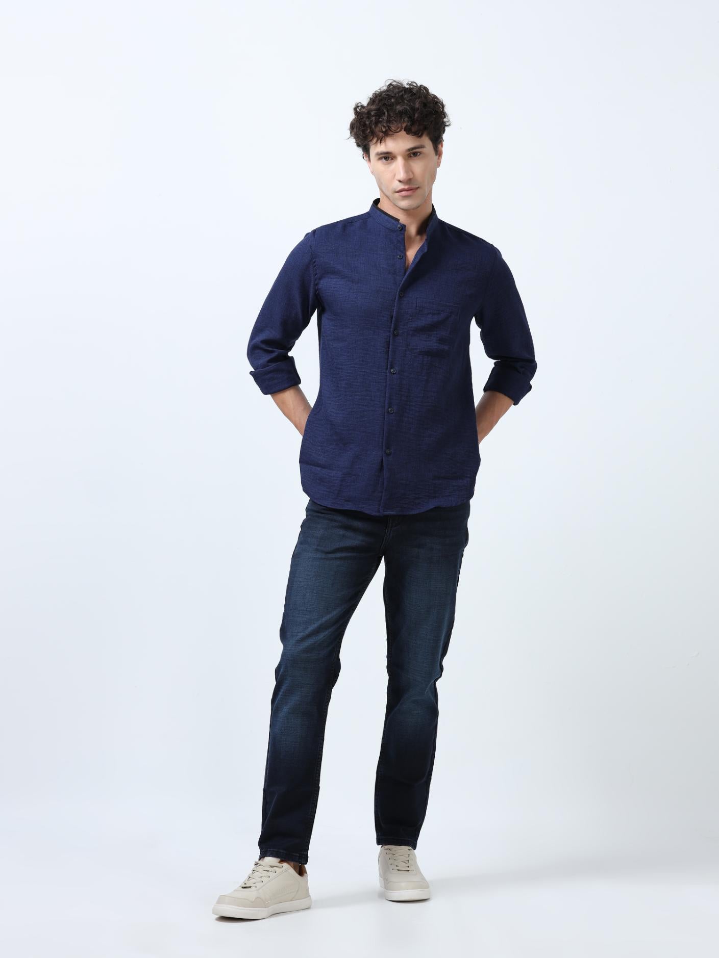 Deep Blue Plain Mandarin Collar Shirt