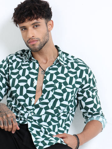 Green Geometric Print Full Sleeve Casual Shirt