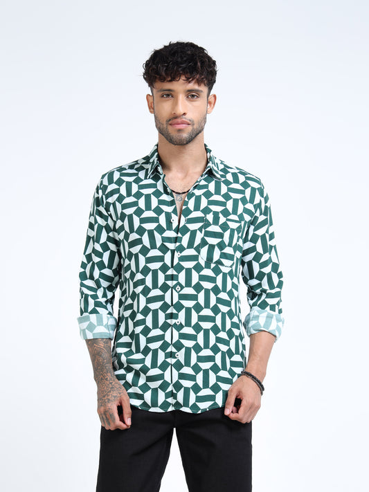 Green Geometric Print Full Sleeve Casual Shirt