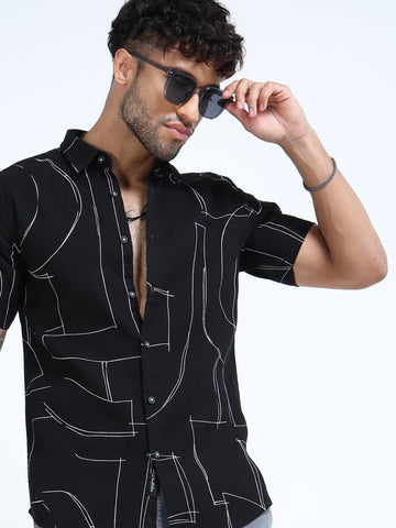 Black Abstract Line Half Sleeve Casual Shirt