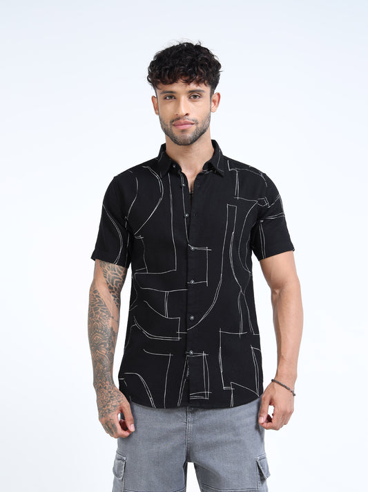 Black Abstract Line Half Sleeve Casual Shirt