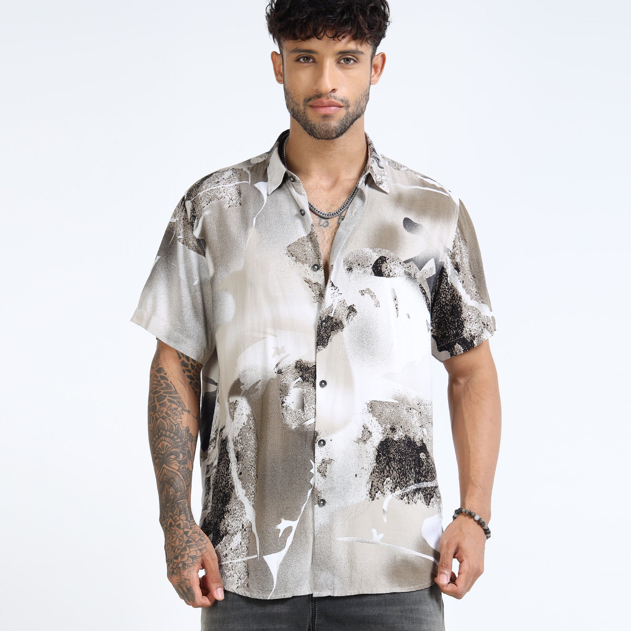 Beige & Charcoal Abstract Splash Half Sleeve Casual Shirt