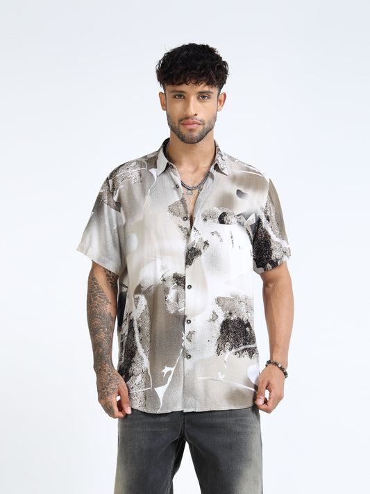 Beige & Charcoal Abstract Splash Half Sleeve Casual Shirt