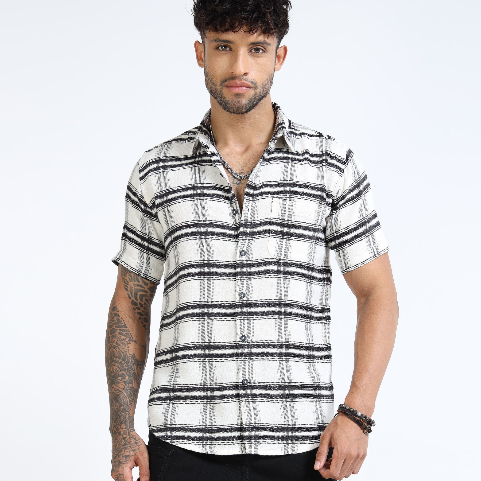 White & Black Textured Check Half Sleeve Casual Shirt