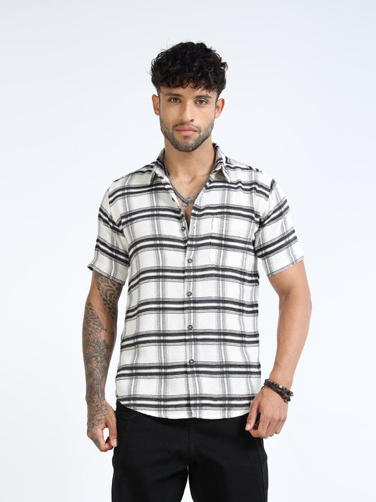 White & Black Textured Check Half Sleeve Casual Shirt
