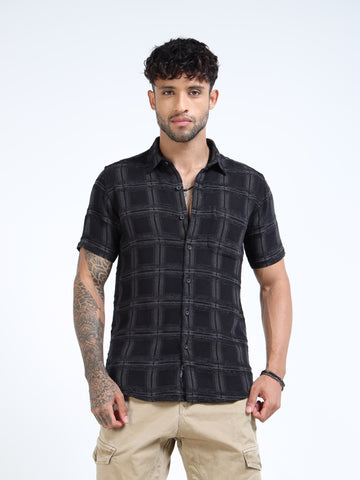 Black Textured Check Half Sleeve Casual Shirt