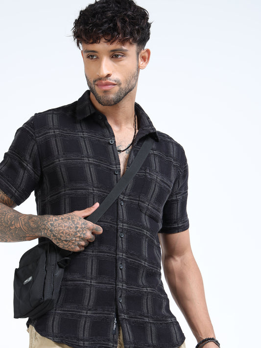 Black Textured Check Half Sleeve Casual Shirt