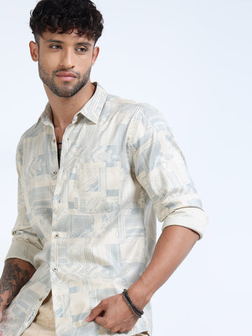 Beige & Blue Geometric Patch Long-Sleeve Casual Shirt