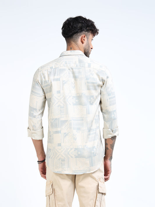 Beige & Blue Geometric Patch Long-Sleeve Casual Shirt