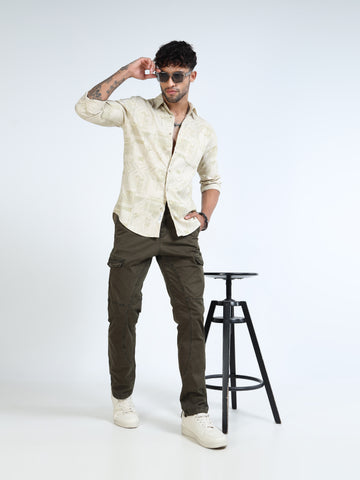 Beige & Olive Geometric Patch Long-Sleeve Casual Shirt