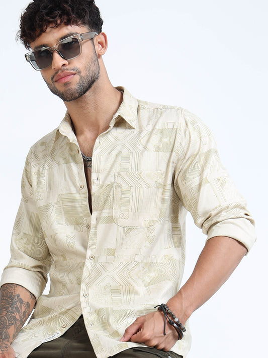 Beige & Olive Geometric Patch Long-Sleeve Casual Shirt