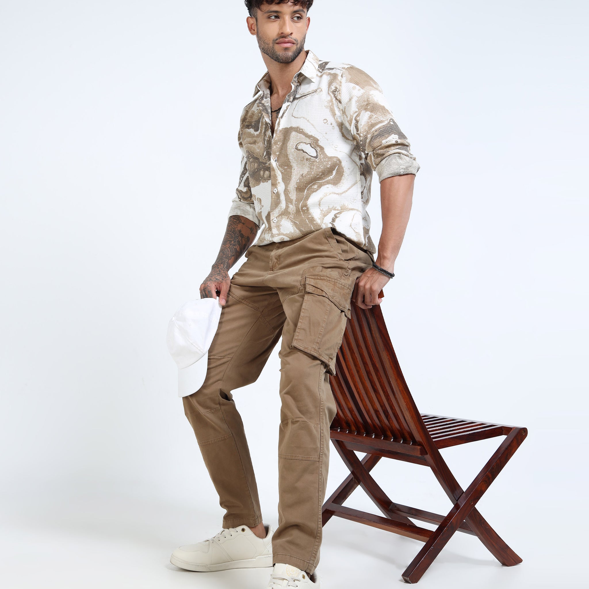 Beige & Brown Marble Swirl Long-Sleeve Casual Shirt