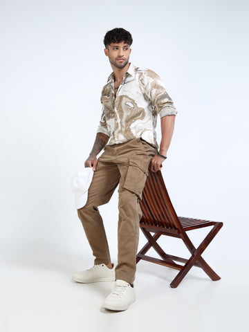 Beige & Brown Marble Swirl Long-Sleeve Casual Shirt