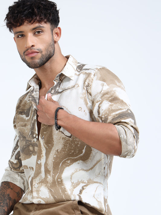 Beige & Brown Marble Swirl Long-Sleeve Casual Shirt