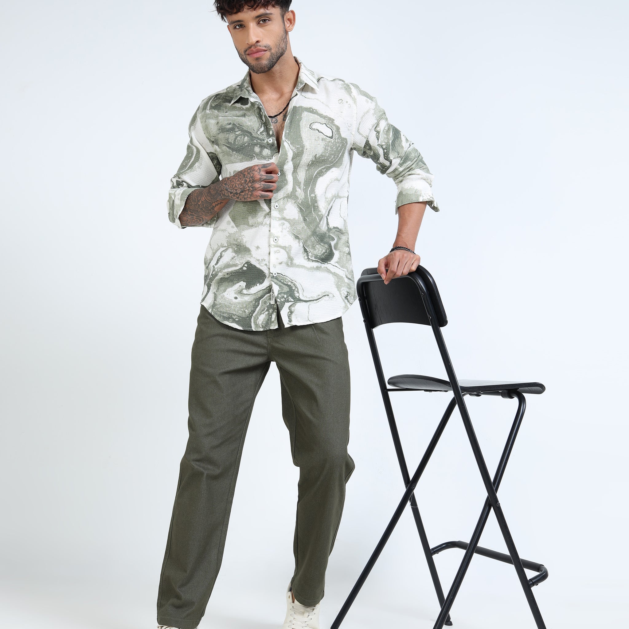 Beige & Green Marble Swirl Long-Sleeve Casual Shirt