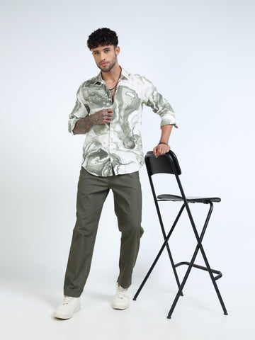 Beige & Green Marble Swirl Long-Sleeve Casual Shirt