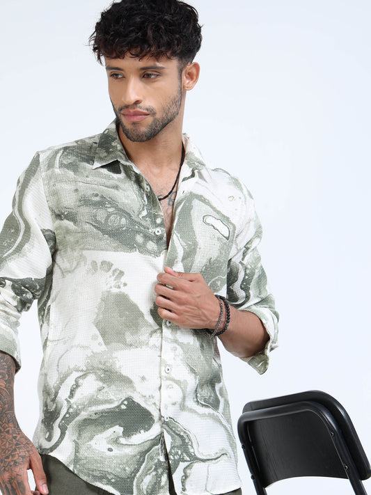 Beige & Green Marble Swirl Long-Sleeve Casual Shirt
