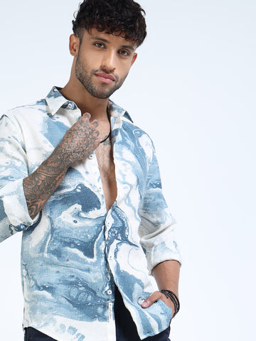 White & Blue Marble Swirl Long-Sleeve Casual Shirt