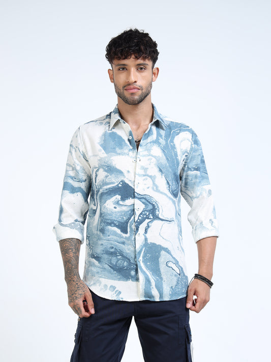 White & Blue Marble Swirl Long-Sleeve Casual Shirt