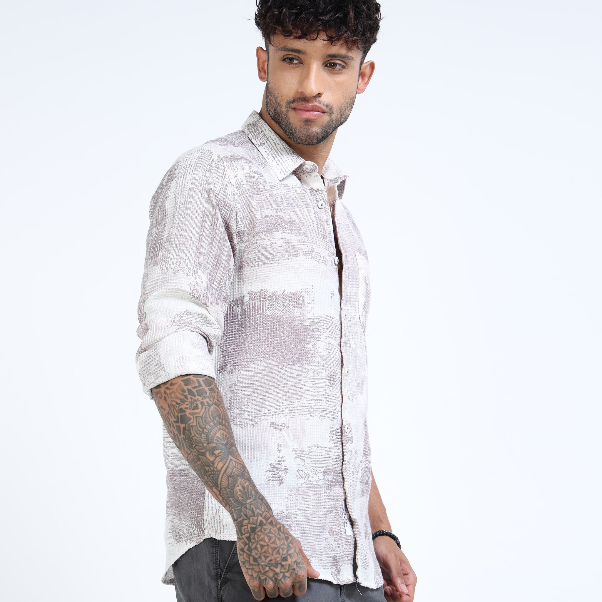 White & Mauve Brushstroke Textured Long-Sleeve Casual Shirt