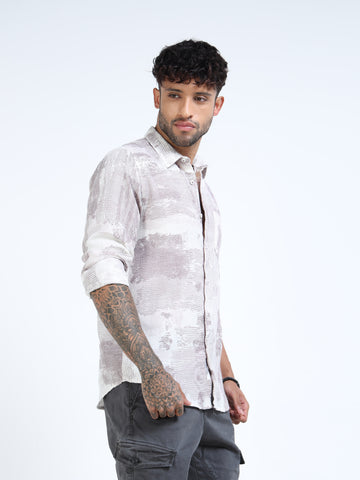 White & Mauve Brushstroke Textured Long-Sleeve Casual Shirt