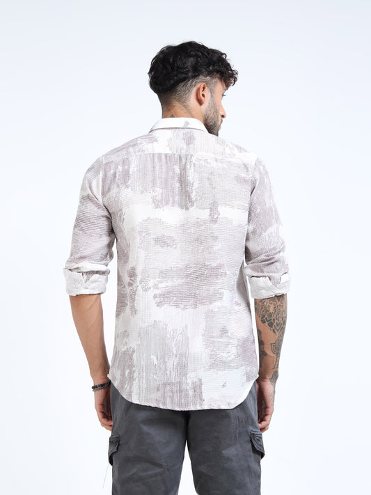 White & Mauve Brushstroke Textured Long-Sleeve Casual Shirt