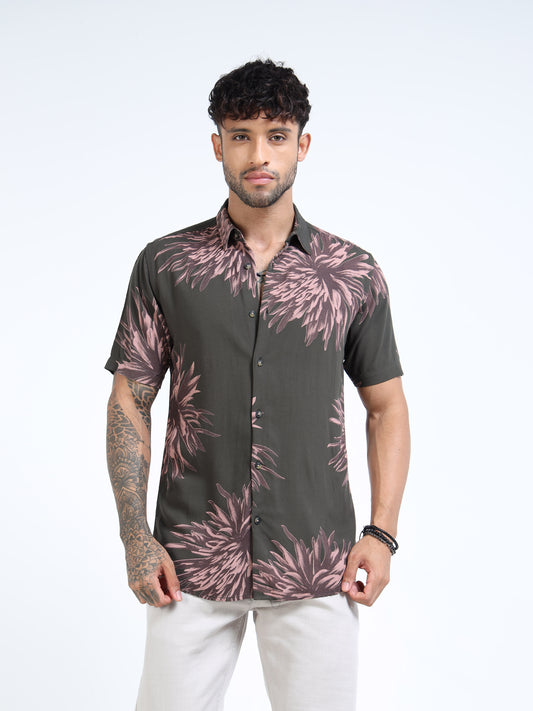 Olive & Mauve Floral Burst Short-Sleeve Casual Shirt