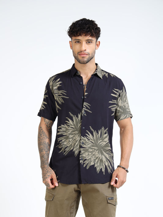 Navy & Olive Floral Burst Short-Sleeve Casual Shirt