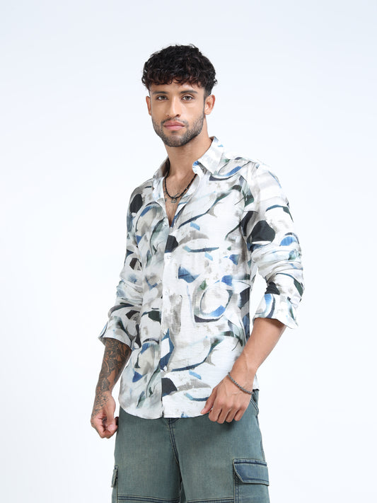 White & Blue Abstract Brushstroke Full Sleeve Casual Shirt