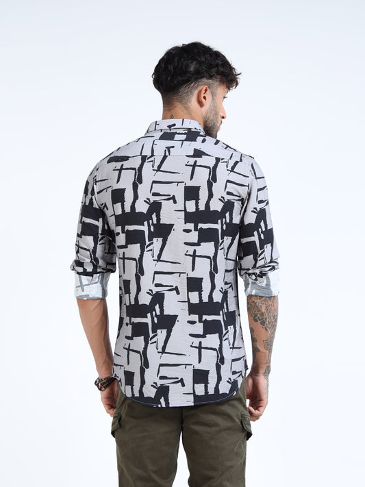 Grey & Black Geometric Brush Print Full Sleeve Shirt