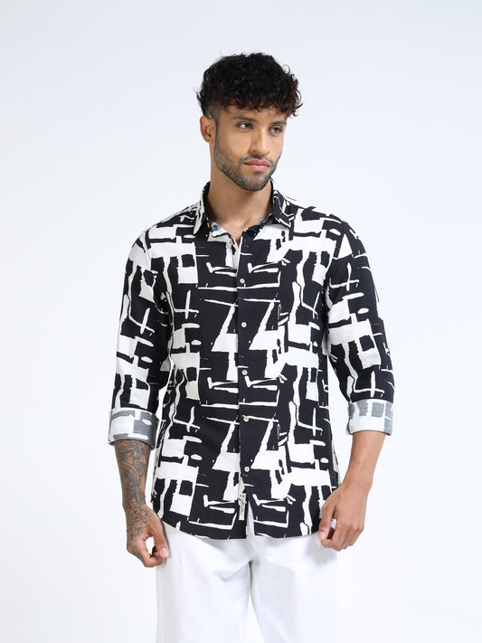 Black & White Geometric Brush Print Full Sleeve Shirt