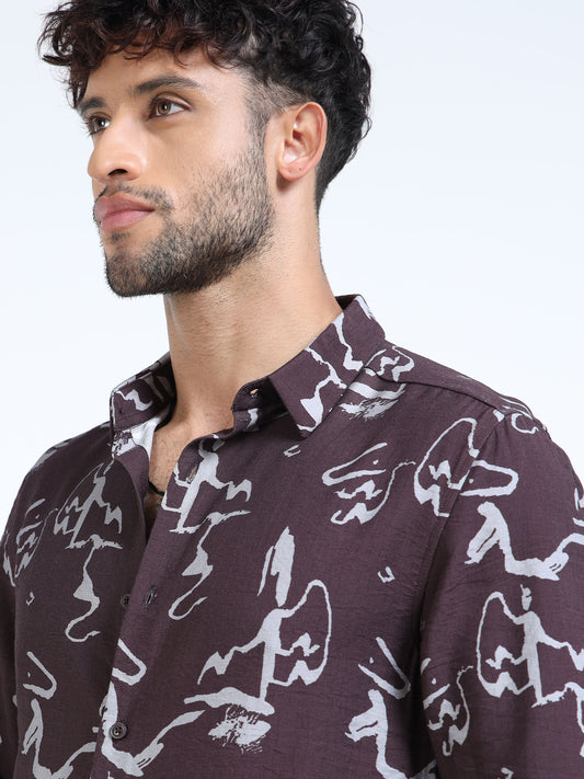 Maroon & Grey Abstract Brush Print Full Sleeve Shirt