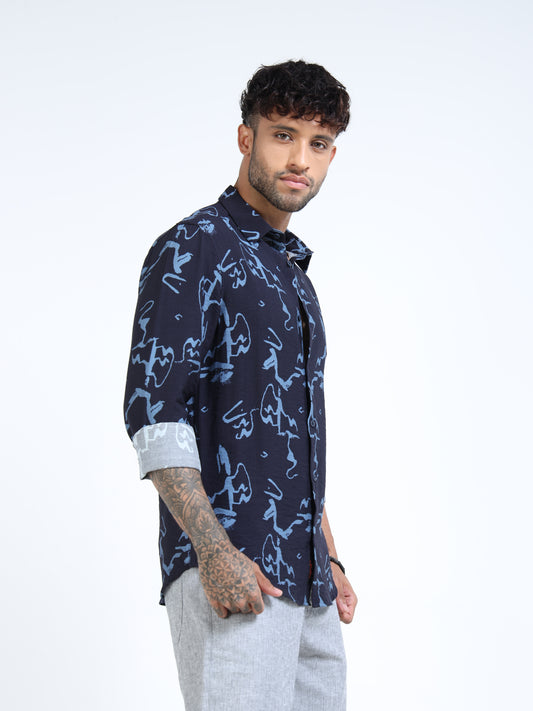 Navy & Blue Abstract Brushstroke Full Sleeve Shirt