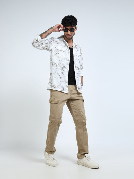 White & Grey Tie-Dye Print Textured Overshirt