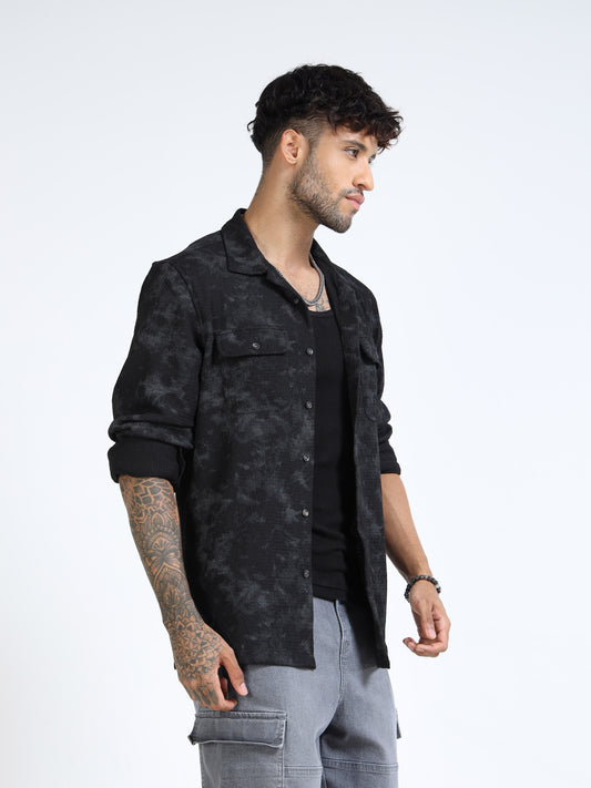 Black Tie-Dye Print Textured Overshirt
