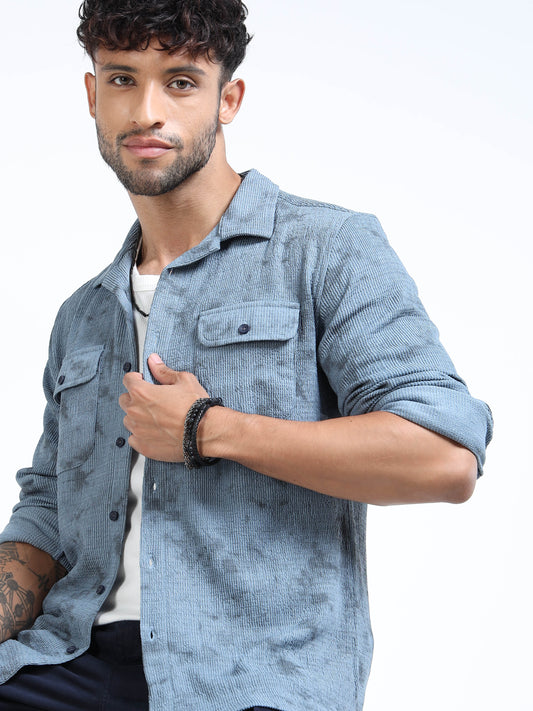 Dusty Blue Tie-Dye Print Textured Overshirt
