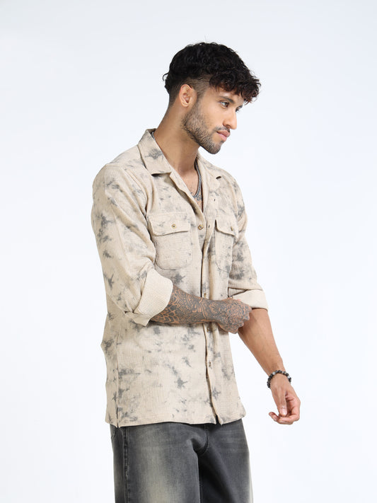 Beige Tie-Dye Print Textured Overshirt