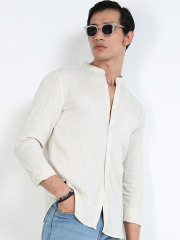 Ivory Striped Mandarin Collar Shirt