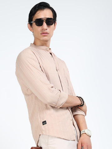 Desert Sand Striped Mandarin Collar Shirt