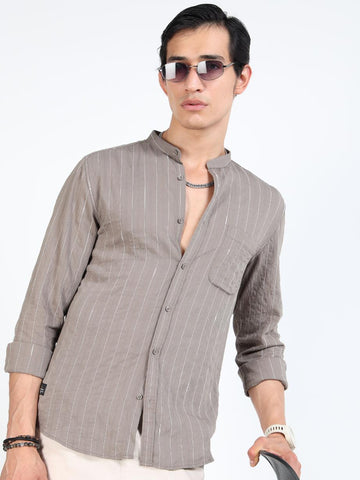 Ash Brown Striped Mandarin Collar Shirt
