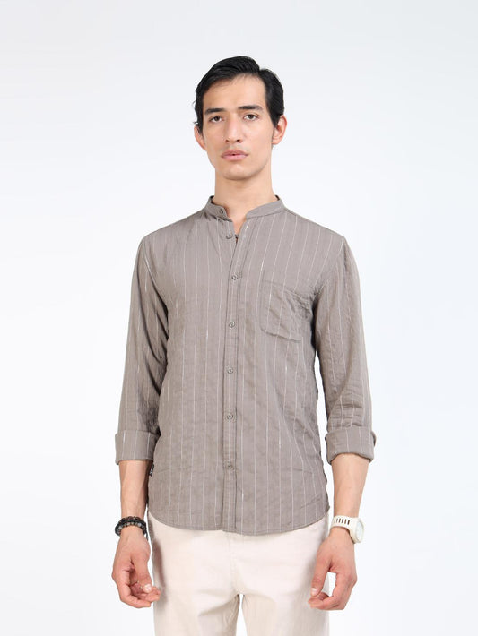 Ash Brown Striped Mandarin Collar Shirt