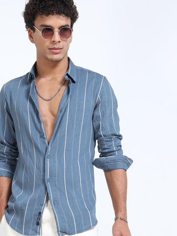 Teal Beige Vertical Striped Casual Shirt