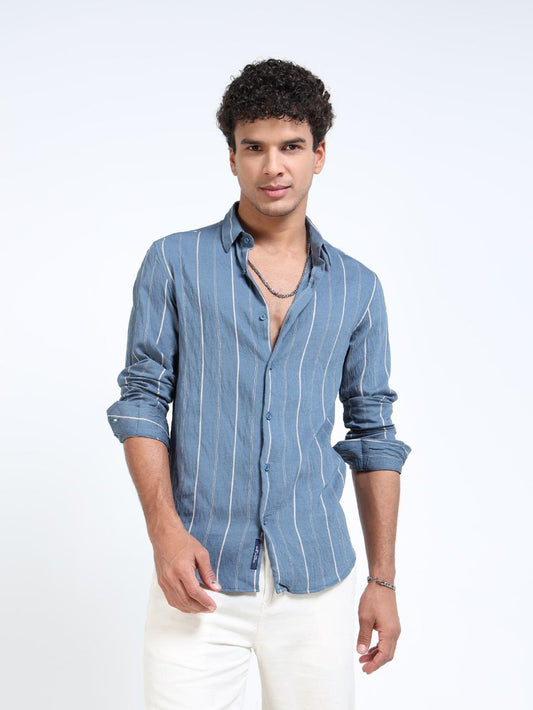 Teal Beige Vertical Striped Casual Shirt